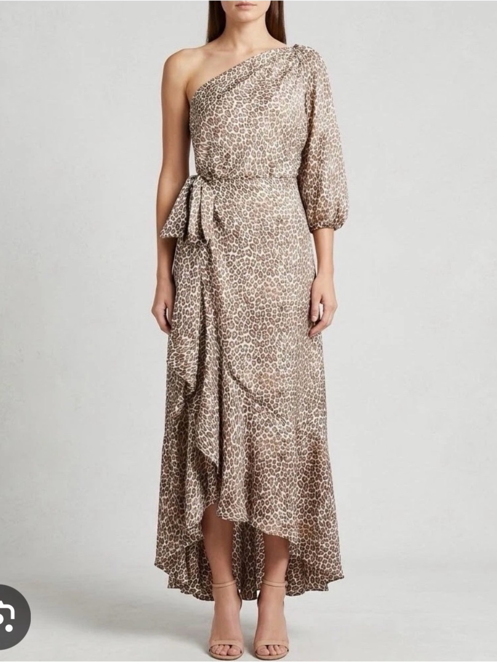 J. Crew One-Shoulder Leopard Print Asymmetrical Maxi Dress Ruffle Hem Bow Detail